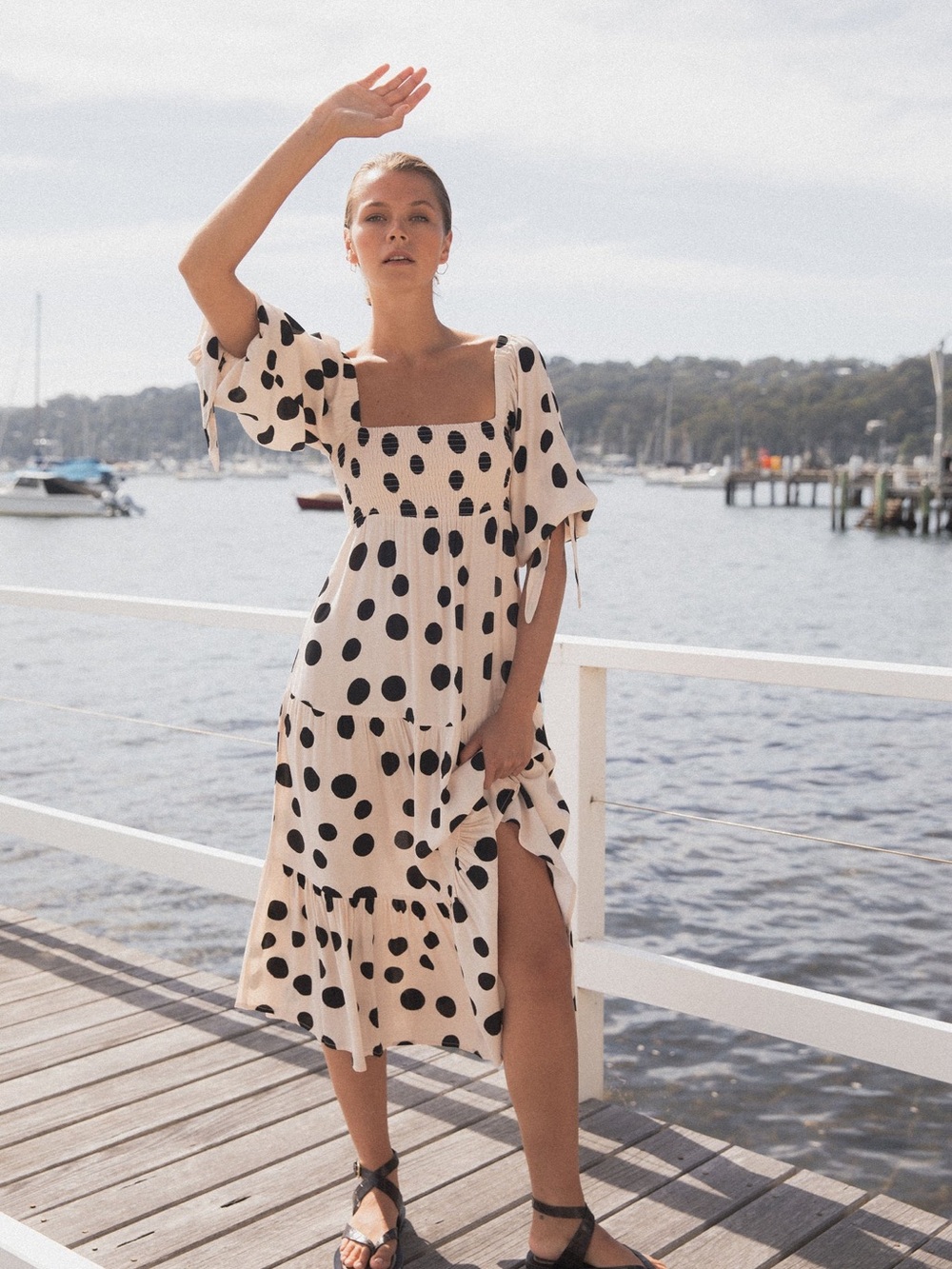 KIVARI Polka Dot Square Neck Midi Dress - Black on Cream Size Large